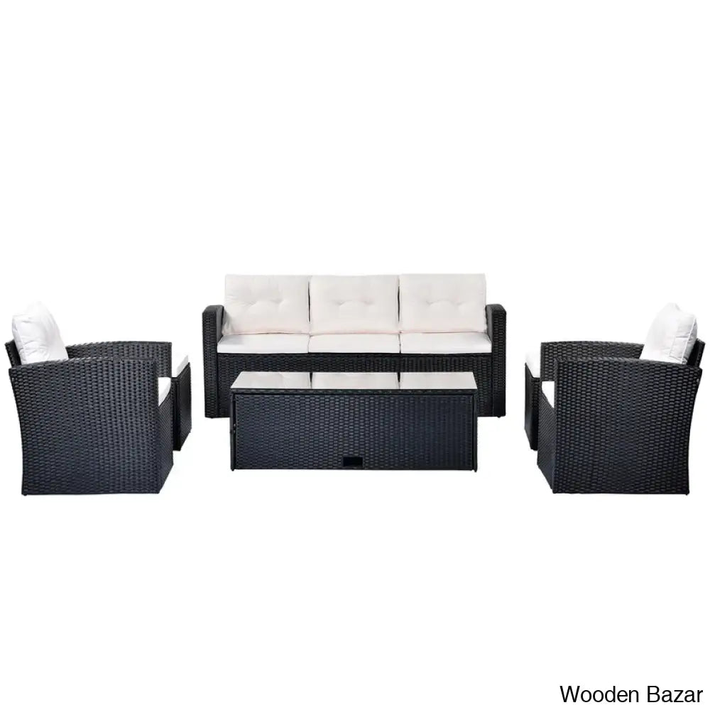 Go 6-Piece Outdoor Patio Set - Black Wicker & Beige Cushions With Sofas Ottomans And Coffee Table