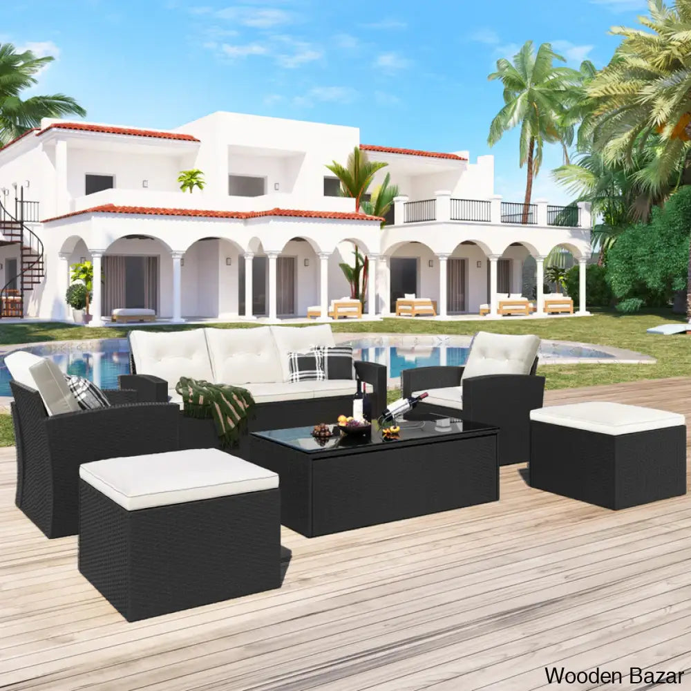 Go 6-Piece Outdoor Patio Set - Black Wicker & Beige Cushions With Sofas Ottomans And Coffee Table