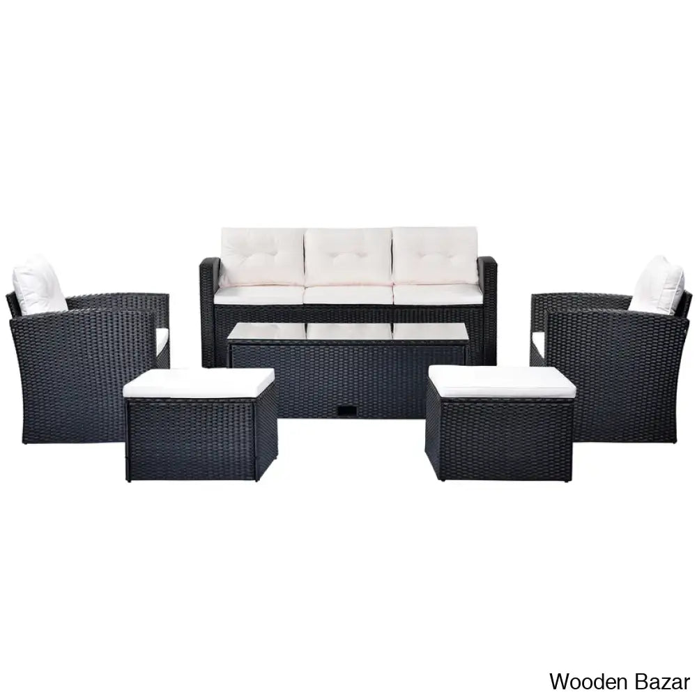 Go 6-Piece Outdoor Patio Set - Black Wicker & Beige Cushions With Sofas Ottomans And Coffee Table