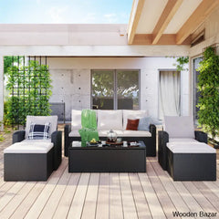 Go 6-Piece Outdoor Patio Set - Black Wicker & Beige Cushions With Sofas Ottomans And Coffee Table