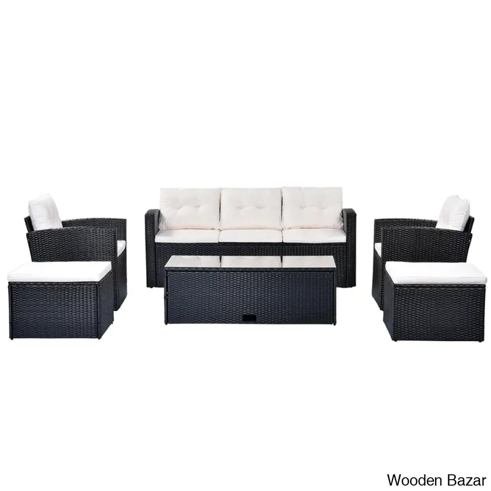 Go 6-Piece Outdoor Patio Set - Black Wicker & Beige Cushions With Sofas Ottomans And Coffee Table