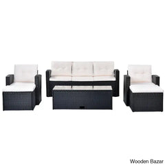 Go 6-Piece Outdoor Patio Set - Black Wicker & Beige Cushions With Sofas Ottomans And Coffee Table