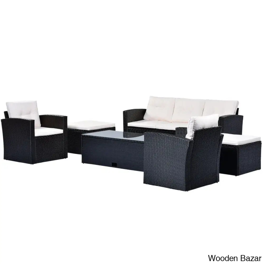 Go 6-Piece Outdoor Patio Set - Black Wicker & Beige Cushions With Sofas Ottomans And Coffee Table