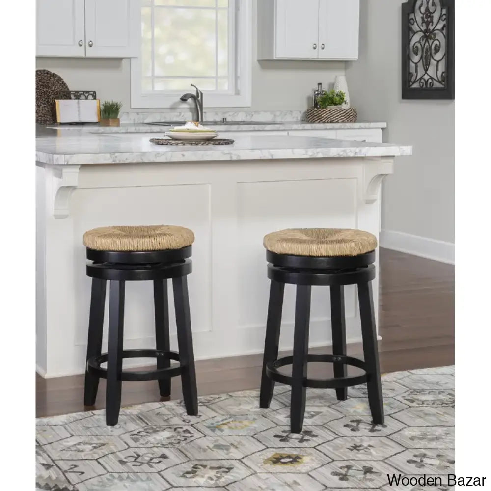 Granvillev Swivel Solid Wood Woven Seat Bar & Counter Stool