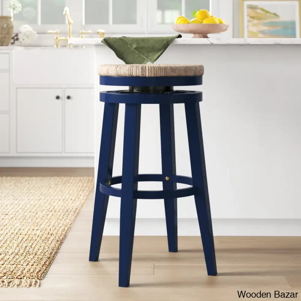 Granvillev Swivel Solid Wood Woven Seat Bar & Counter Stool Navy Blue / (31.5’’ Height)