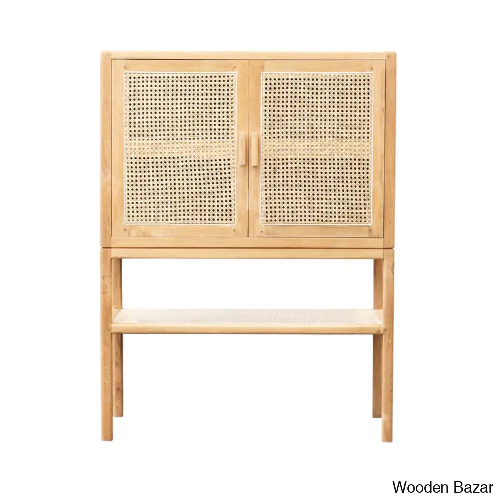 Green Solid Wood Stylish Cabinet With Rattan Cane Door - Wooden Bazar