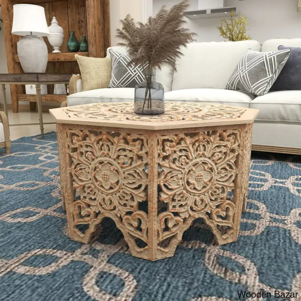 Guillermo Wood Intricately Made Carved Floral Coffee And Center Table W/ Hollow Interior