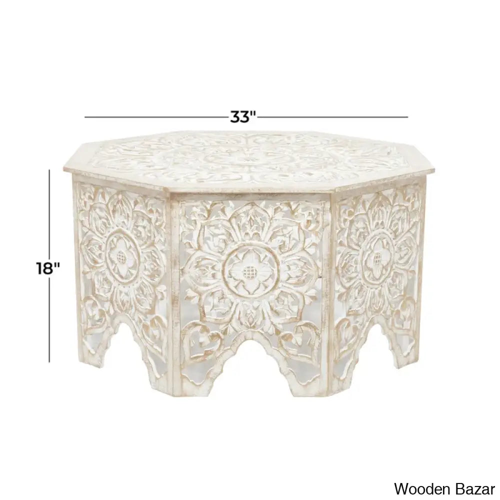 Guillermo Wood Intricately Made Carved Floral Coffee And Center Table W/ Hollow Interior