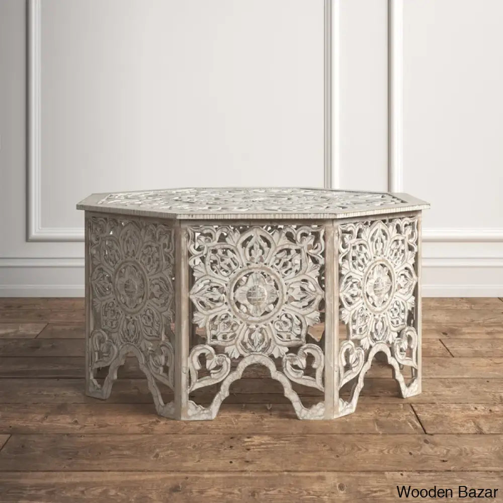 Guillermo Wood Intricately Made Carved Floral Coffee And Center Table W/ Hollow Interior