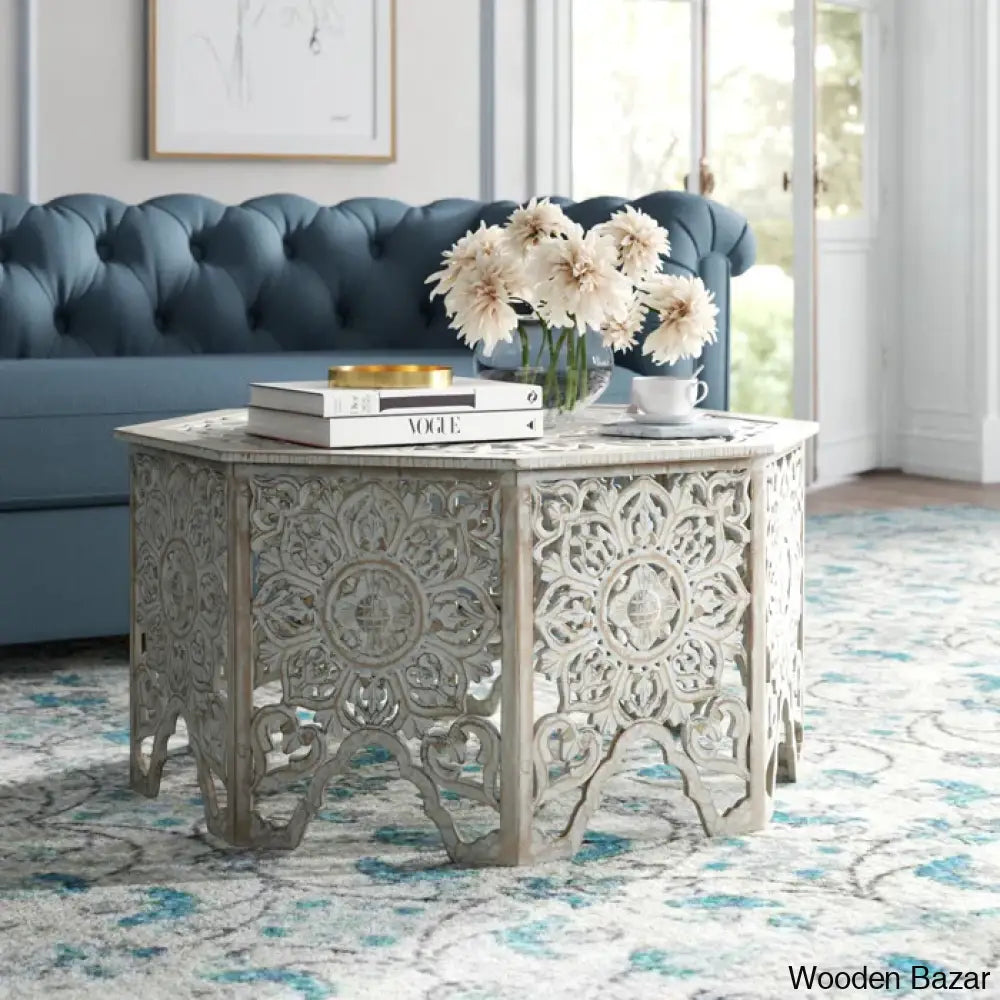 Guillermo Wood Intricately Made Carved Floral Coffee And Center Table W/ Hollow Interior Gray