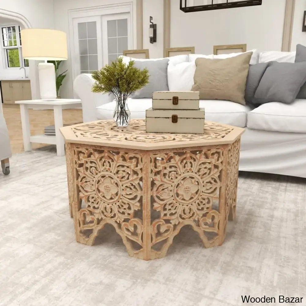 Guillermo Wood Intricately Made Carved Floral Coffee And Center Table W/ Hollow Interior White