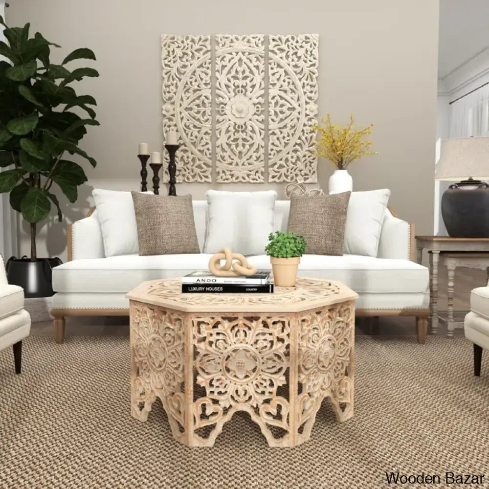 Guillermo Wooden Handmade Intricately Carved Floral Living Room Coffee Table With Hollow Interior