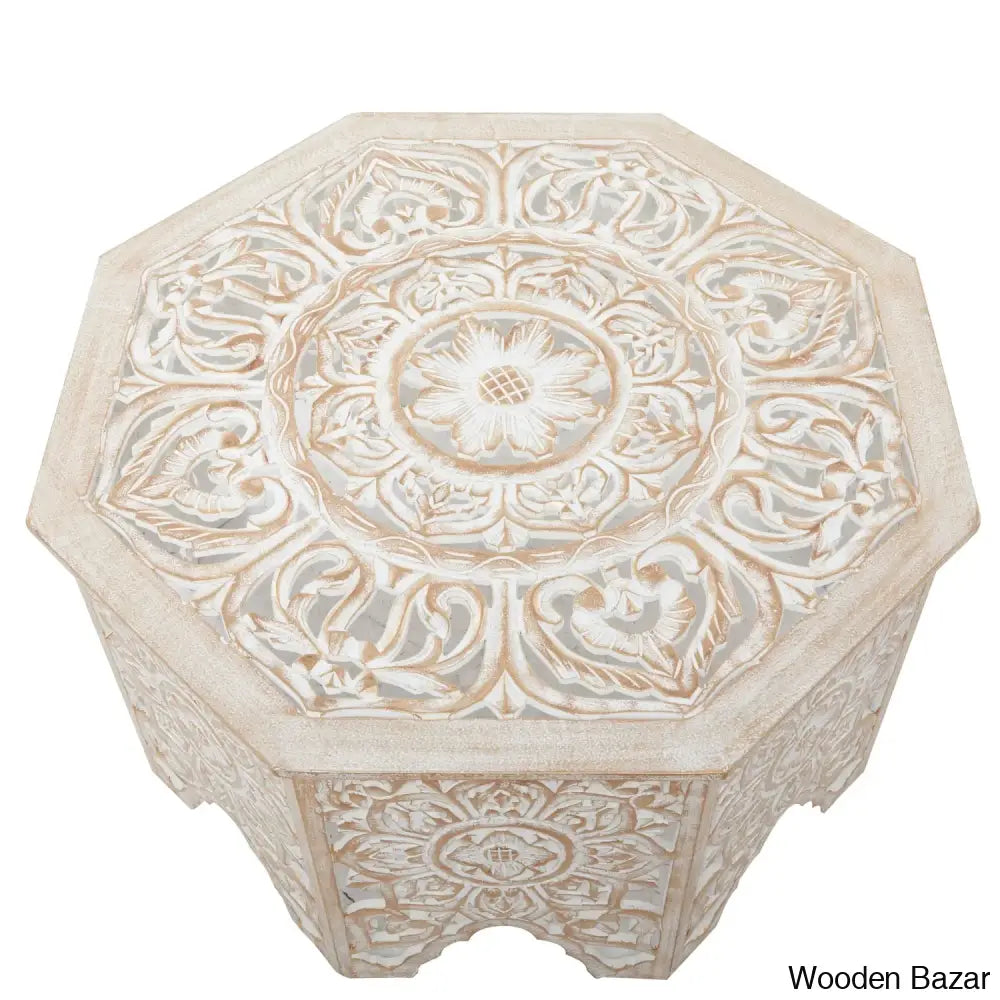 Guillermo Wooden Handmade Intricately Carved Floral Living Room Coffee Table With Hollow Interior