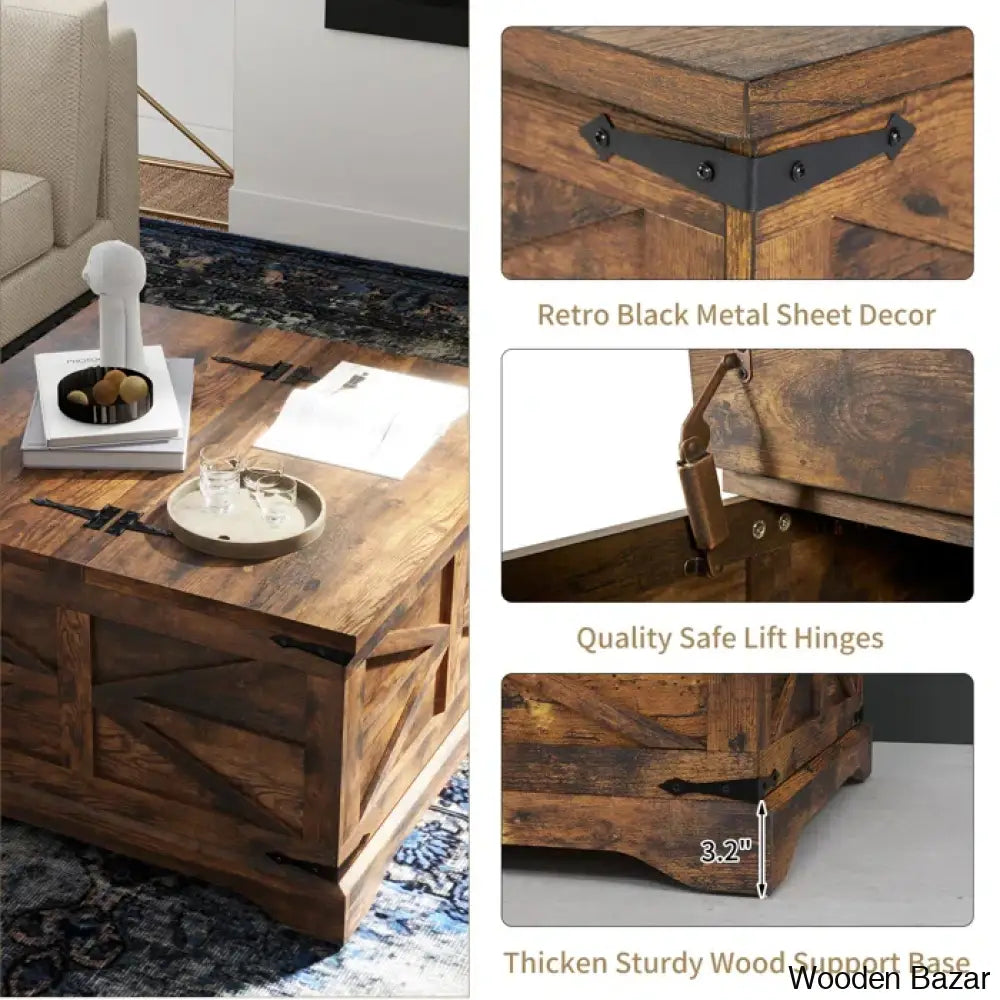 Gulkish Farmhouse Square Storage Coffee And Center Table With Hinged Lift Top For Living Room