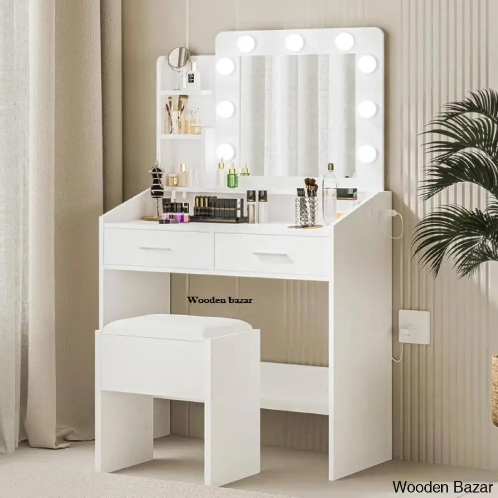 Harkesh Vanity Dressing Table With Lighted Mirror And Stool White