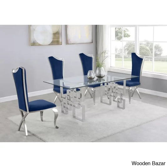Harrisonn 4 Seater Luxury Glass Top Double Pedestal Dining Set Navy
