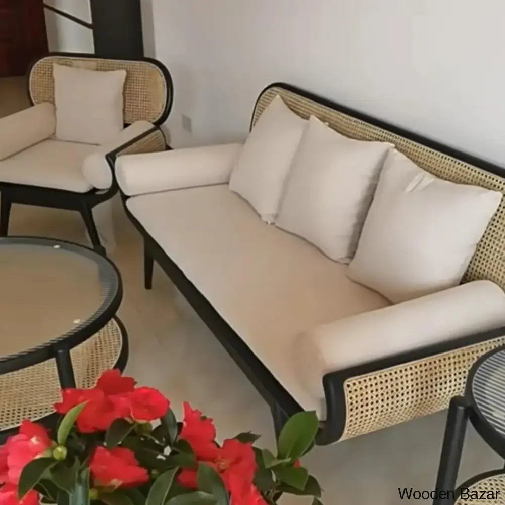 Hasina Solid Wood Sofa With Natural Rattan Inspired Living Meets Timeless Craftsmanship