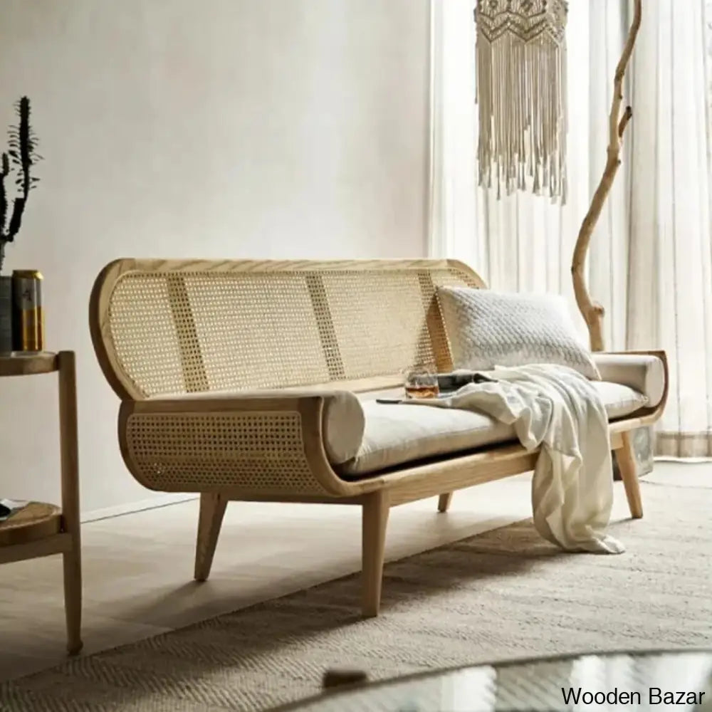 Hasina Solid Wood Sofa With Natural Rattan Inspired Living Meets Timeless Craftsmanship