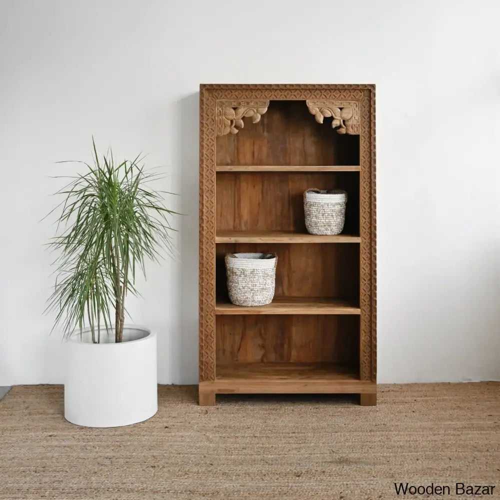 Haskel Hand Carved Storage Bookshelf With 3 Shelves - Wooden Bazar