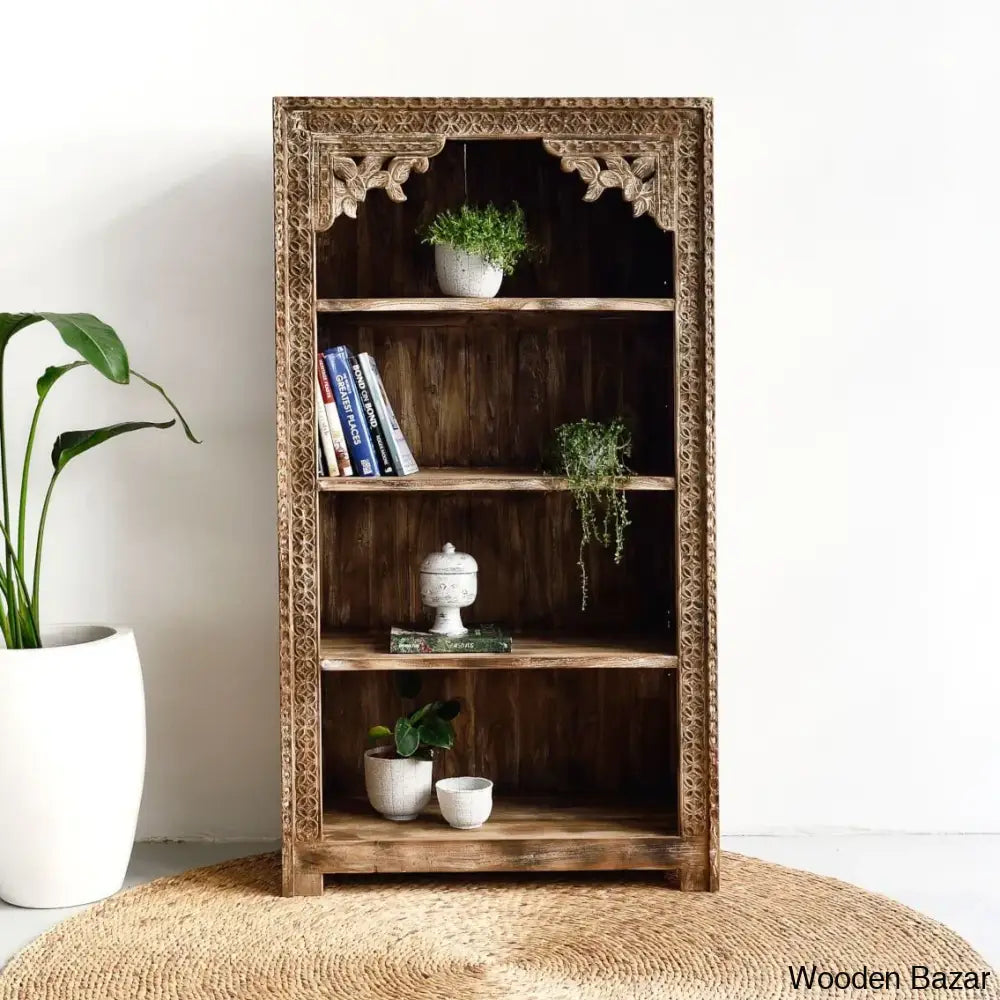 Haskel Hand Carved Storage Bookshelf With 3 Shelves - Wooden Bazar