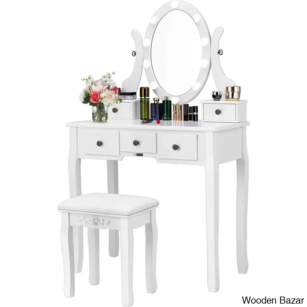 Hayter Makeup Vanity Dressing Table With Rotating Lighted Mirror And Cushioned Stool