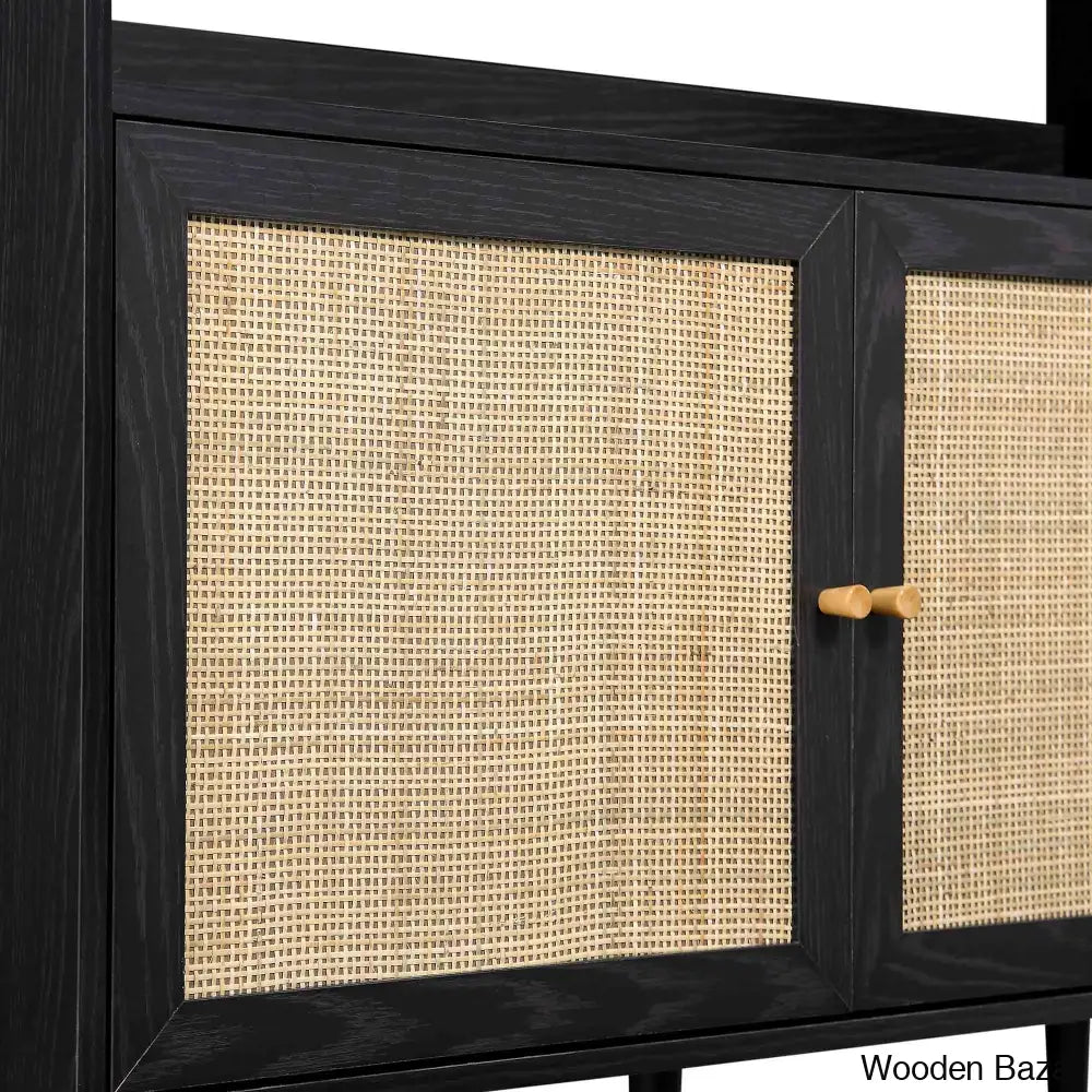 Heaton Ivory Elegance Solid Wood Frances Rattan Bookcase With Doors - Wooden Bazar