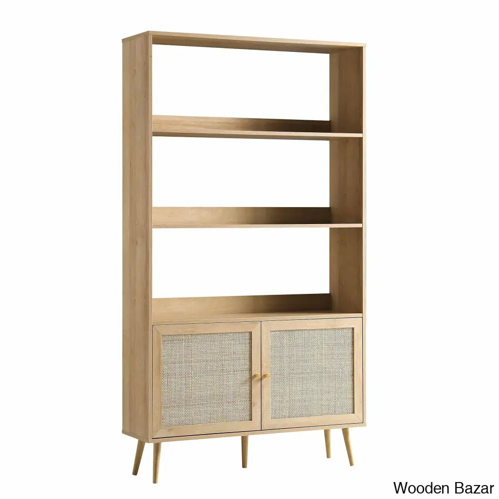 Heaton Ivory Elegance Solid Wood Frances Rattan Bookcase With Doors - Wooden Bazar