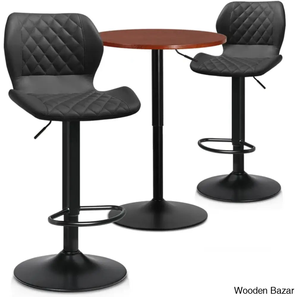 Height-Adjustable 3-Piece Pub Table Set | Leathered Pedestal Bar Stools Dining