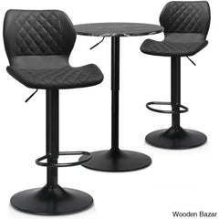 Height-Adjustable 3-Piece Pub Table Set | Leathered Pedestal Bar Stools Dining