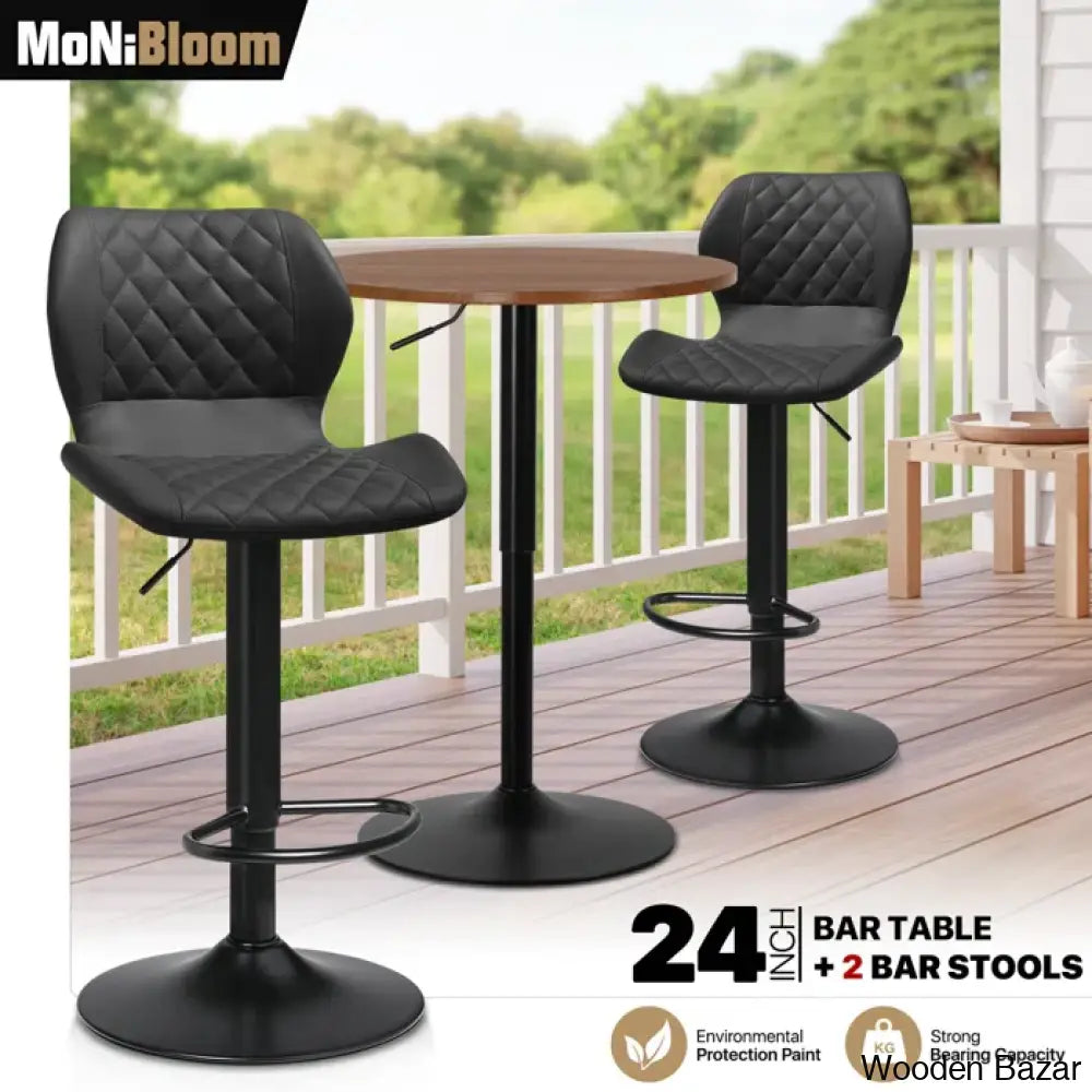 Height-Adjustable 3-Piece Pub Table Set | Leathered Pedestal Bar Stools Dining