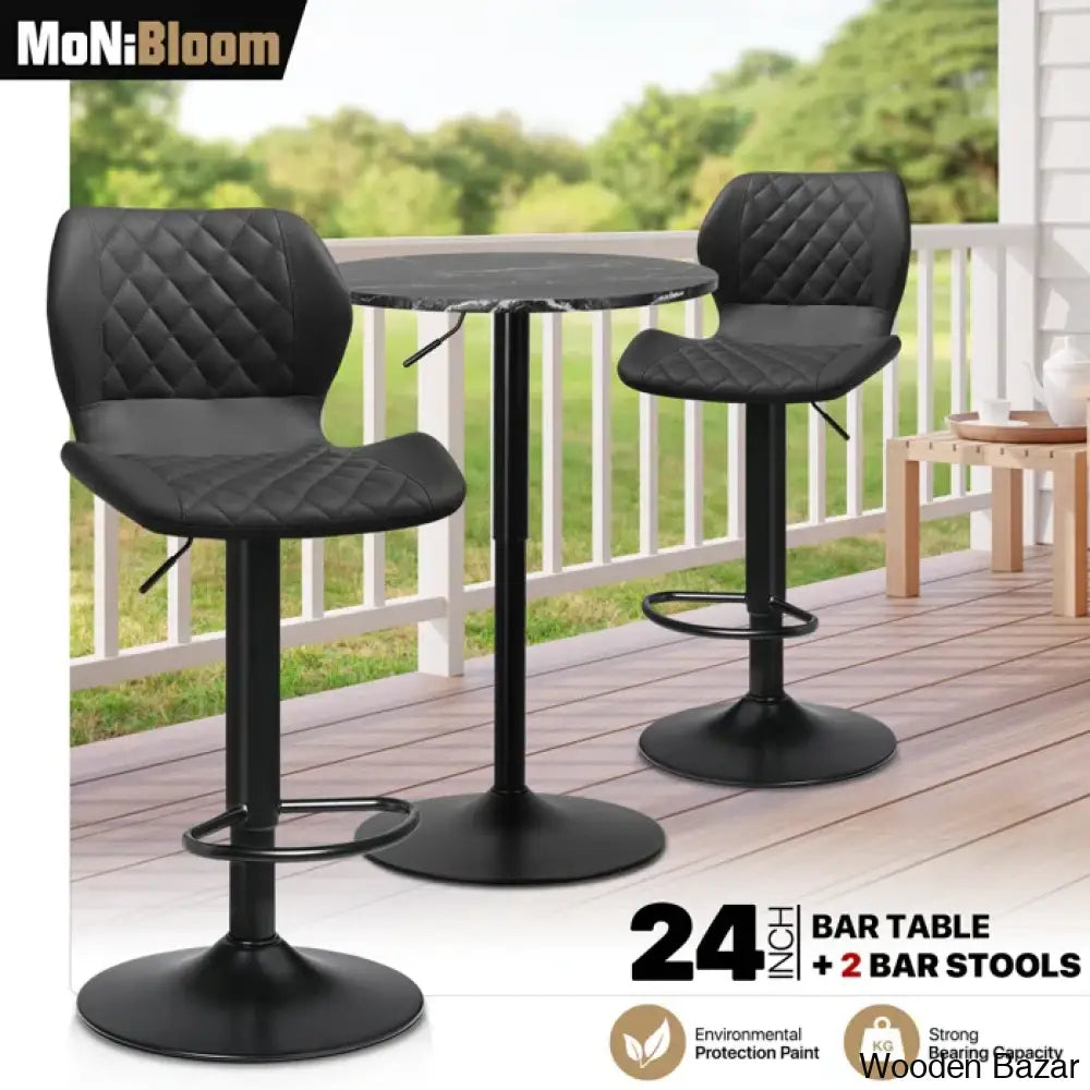 Height-Adjustable 3-Piece Pub Table Set | Leathered Pedestal Bar Stools Dining