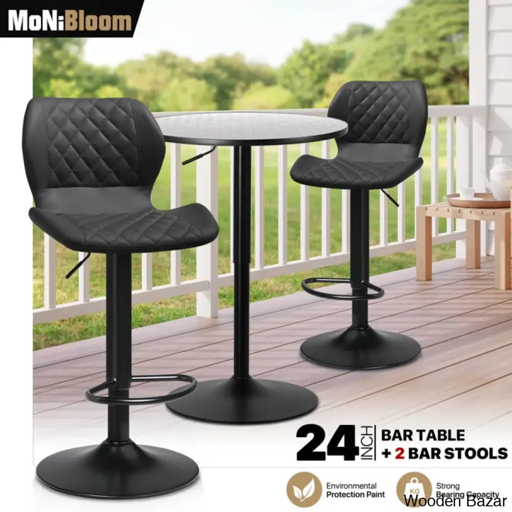 Height-Adjustable 3-Piece Pub Table Set | Leathered Pedestal Bar Stools Dining