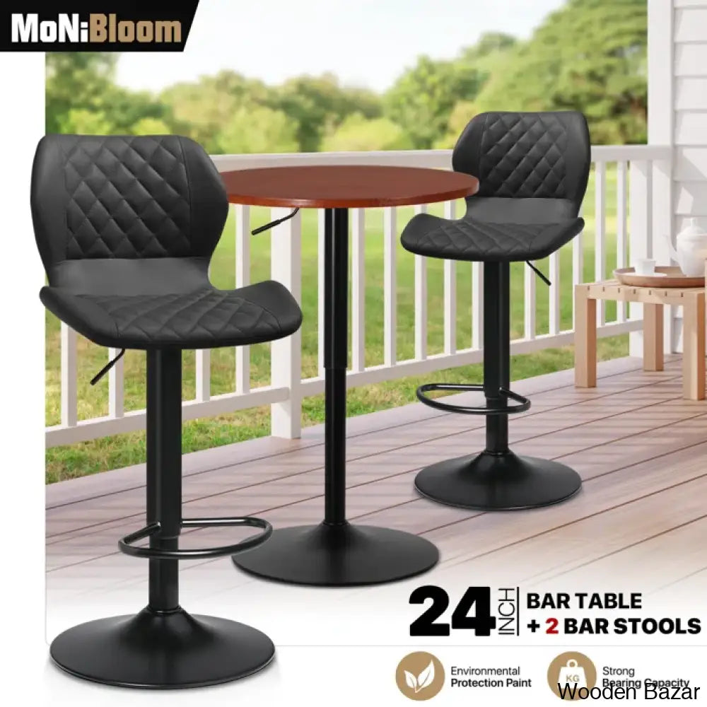 Height-Adjustable 3-Piece Pub Table Set | Leathered Pedestal Bar Stools Dining