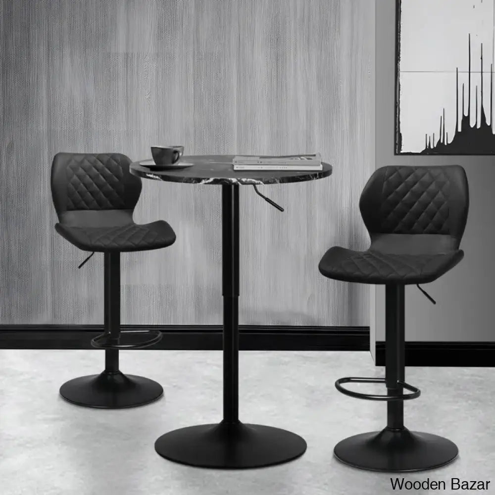 Height-Adjustable 3-Piece Pub Table Set | Leathered Pedestal Bar Stools Dining Black Rock