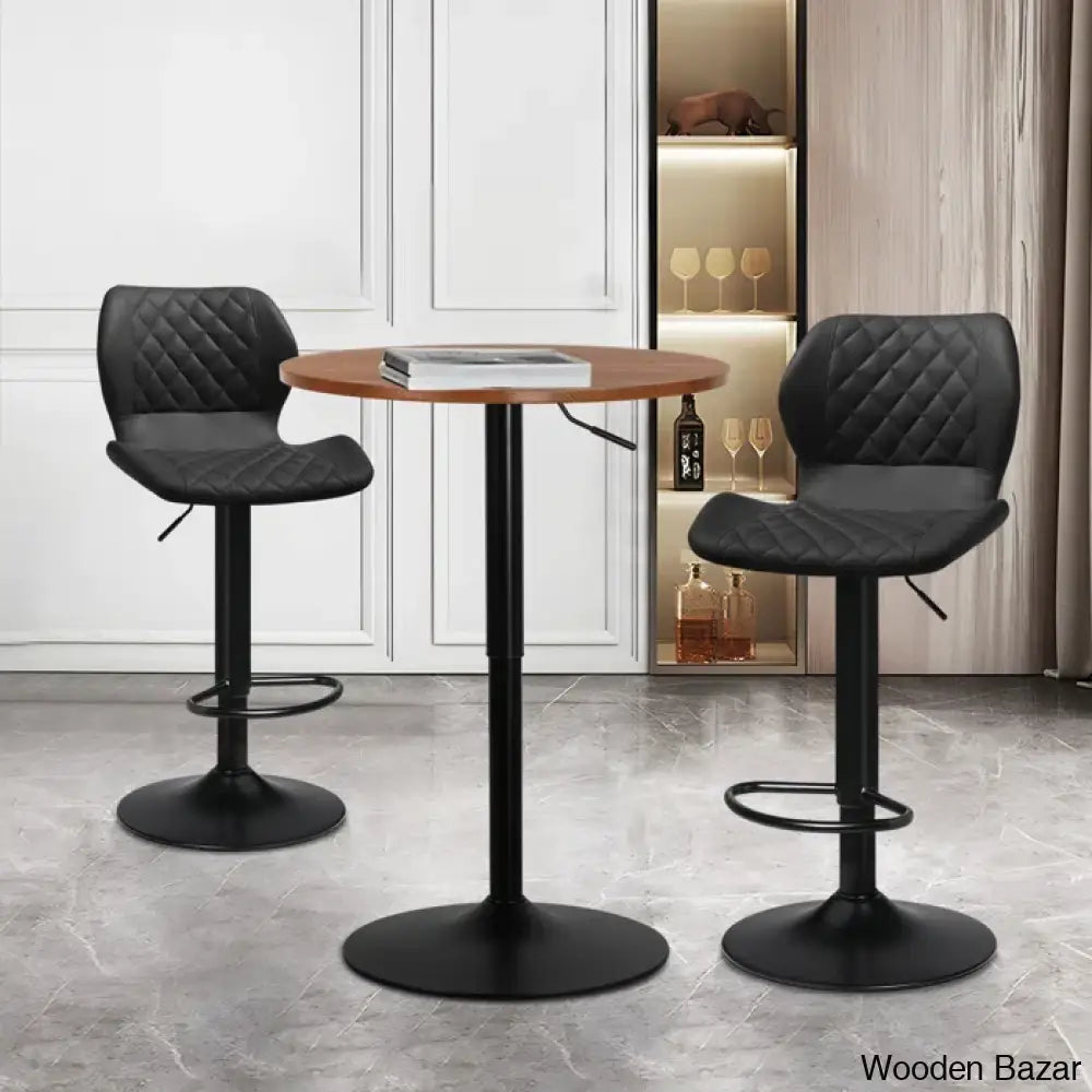 Height-Adjustable 3-Piece Pub Table Set | Leathered Pedestal Bar Stools Dining Brown