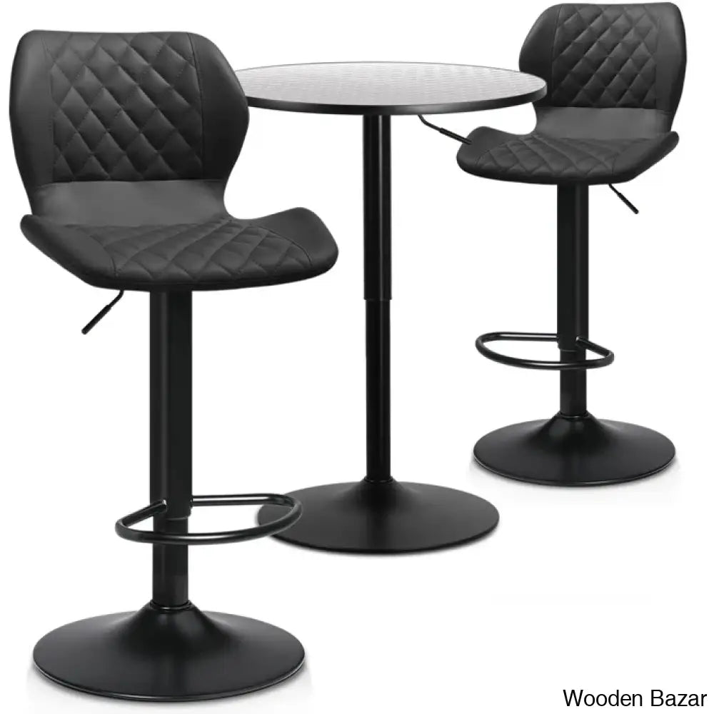 Height-Adjustable 3-Piece Pub Table Set | Leathered Pedestal Bar Stools Dining Silver