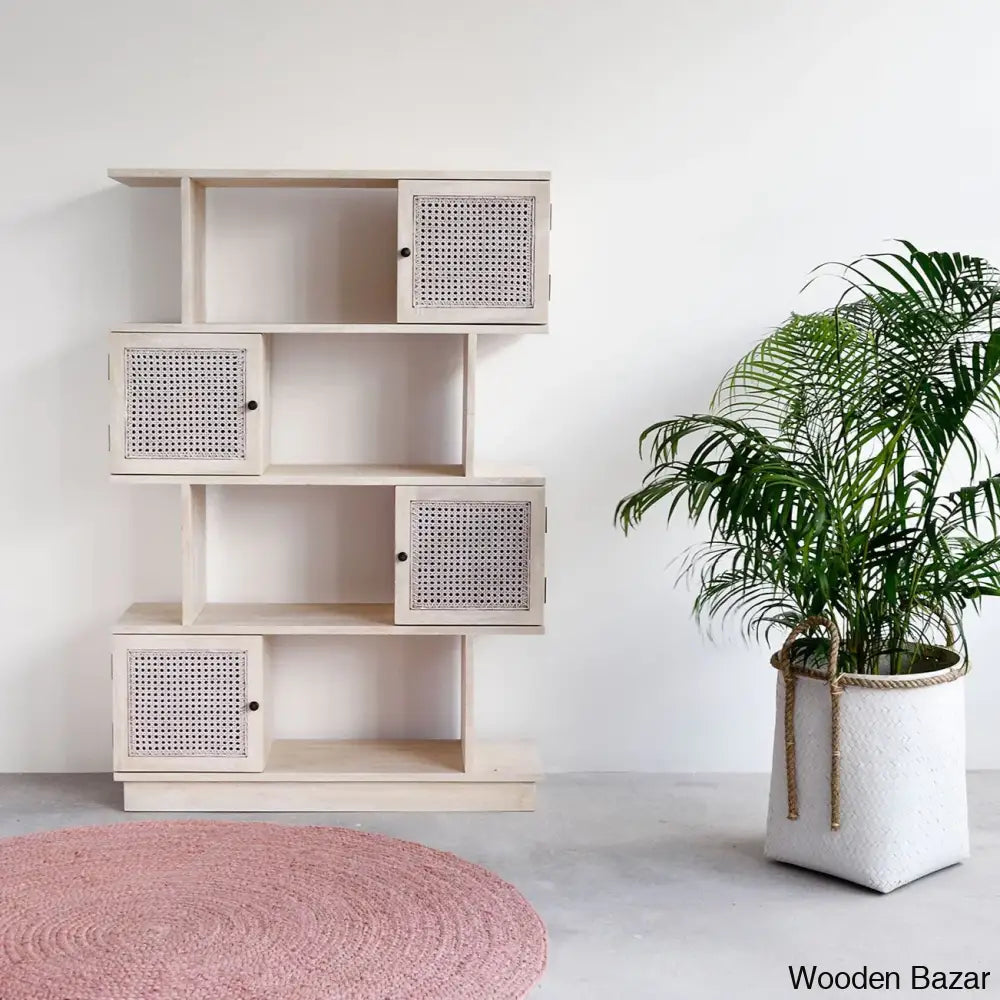 Helmut Modern Cane Bookshelf With Partially Closed Storage - Wooden Bazar