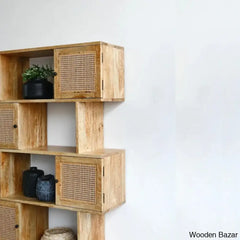 Helmut Modern Cane Bookshelf With Partially Closed Storage - Wooden Bazar