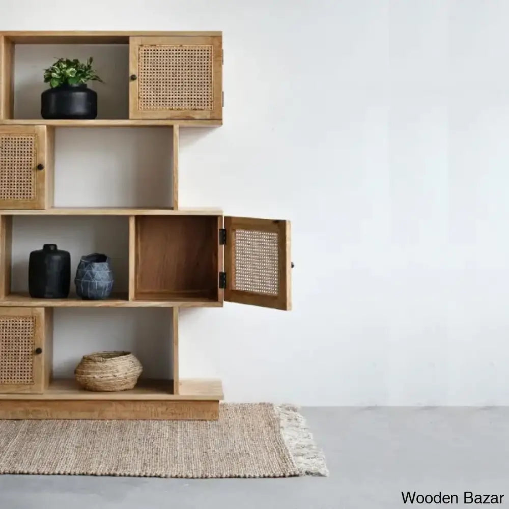 Helmut Modern Cane Bookshelf With Partially Closed Storage - Wooden Bazar