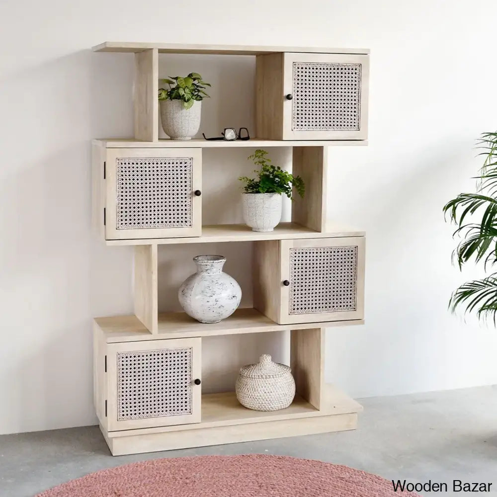 Helmut Modern Cane Bookshelf With Partially Closed Storage - Wooden Bazar