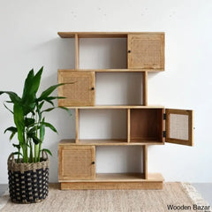 Helmut Modern Cane Bookshelf With Partially Closed Storage - Wooden Bazar