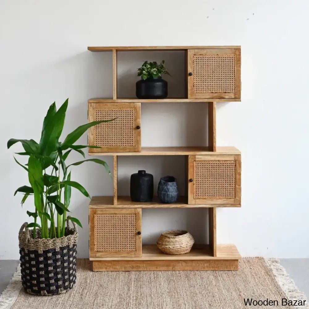 Helmut Modern Cane Bookshelf With Partially Closed Storage - Wooden Bazar Natural