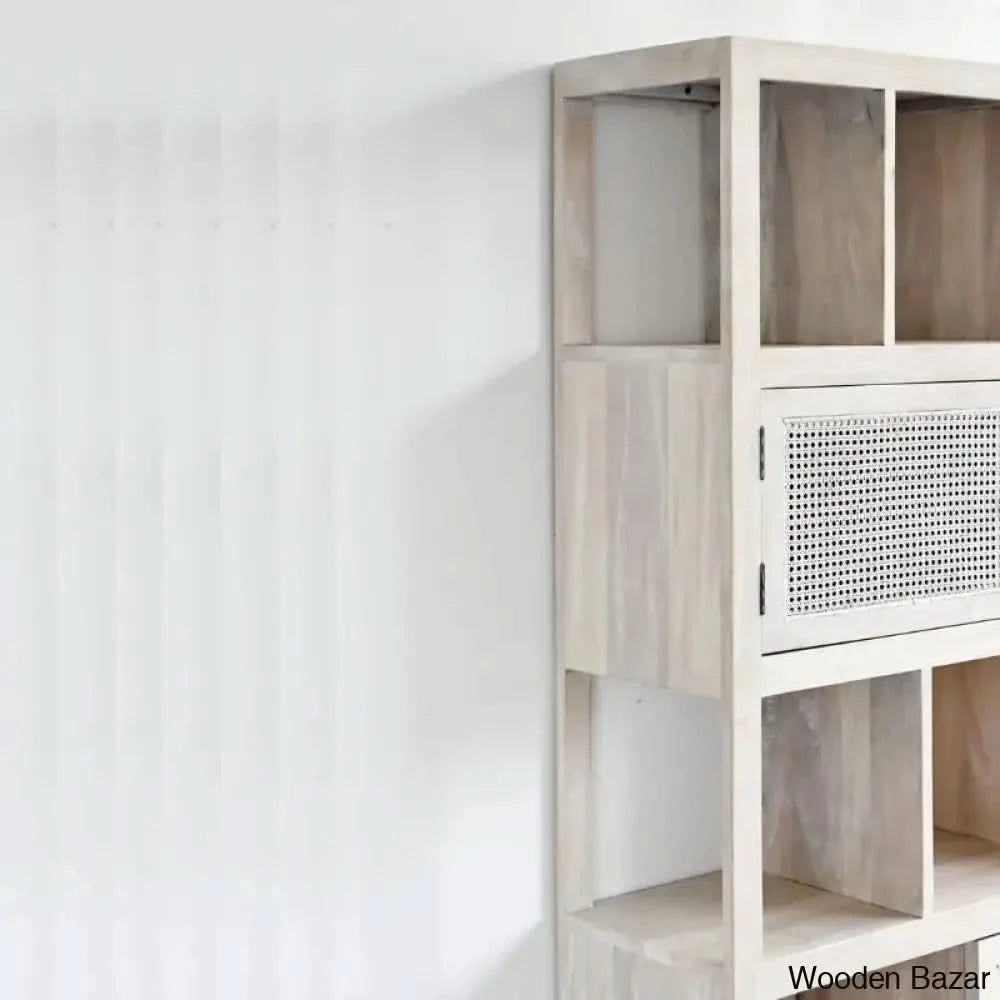 Herve Solid Wood Rectangular Bookshelf With Doors & 2 Drawer Storage
