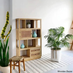 Herve Solid Wood Rectangular Bookshelf With Doors & 2 Drawer Storage