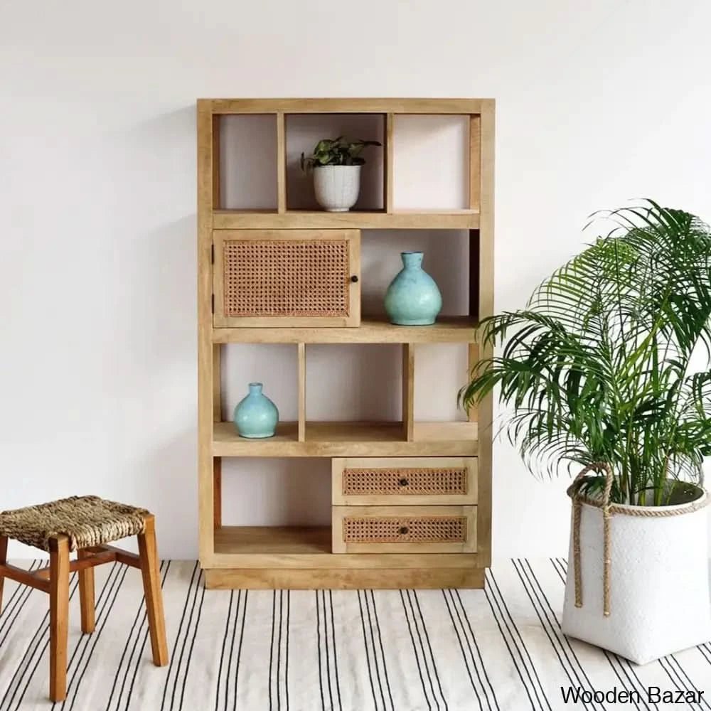 Herve Solid Wood Rectangular Bookshelf With Doors & 2 Drawer Storage