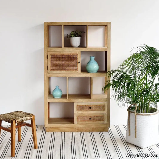Herve Solid Wood Rectangular Bookshelf With Doors & 2 Drawer Storage
