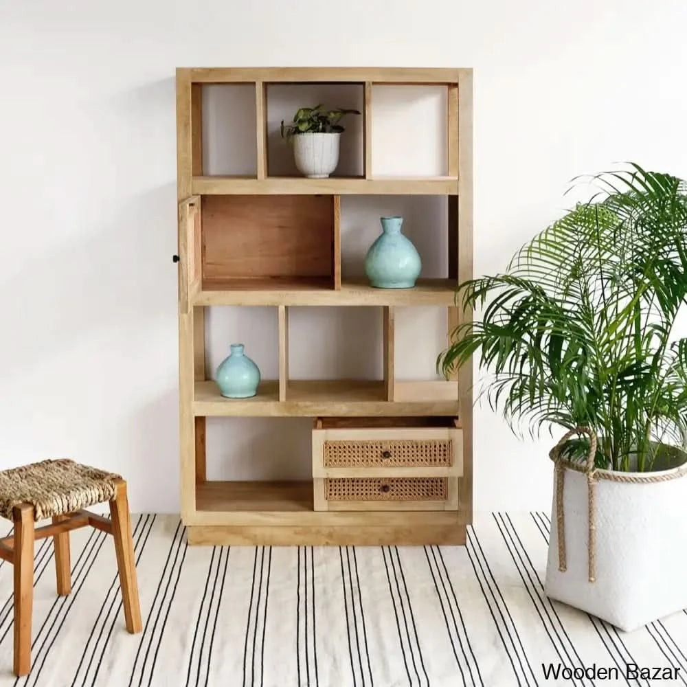 Herve Solid Wood Rectangular Bookshelf With Doors & 2 Drawer Storage Natural