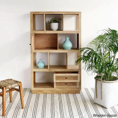 Herve Solid Wood Rectangular Bookshelf With Doors & 2 Drawer Storage Natural