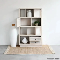 Herve Solid Wood Rectangular Bookshelf With Doors & 2 Drawer Storage White