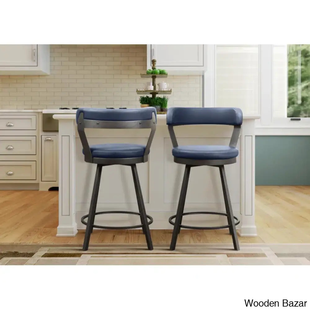 Hindrikuso Swivel Upholstered 25’’ Counter And Bar Stool With Metal Frame (Set Of 2) Blue